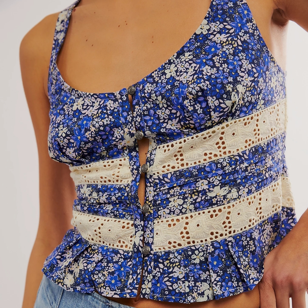 New Free People Kiana Tank Top Lace Blue Combo